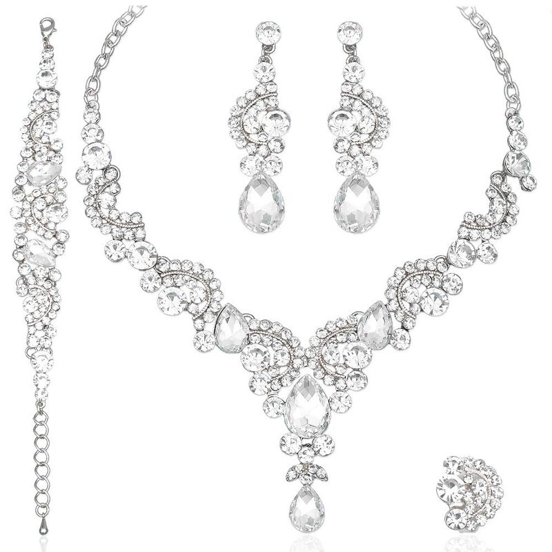 CSY 4 Pcs/Sets Elegant Crystal Necklace Earrings Bracelet Ring Bridal Wedding Costume Jewelry Sets for Brides Women Gifts (White Gold Plated-White) - Image 1